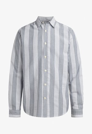 Chemise à rayures bleu clair et blanche, avec un col classique, des manches longues et une coupe décontractée en coton texturé.