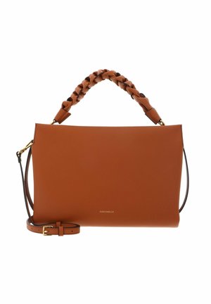 Brown leather handbag with braided top handle, adjustable shoulder strap, and gold-tone hardware on white background.