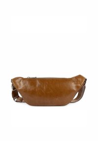 Borsa a spalla in pelle marrone con una texture liscia, forma allungata, hardware argentato e chiusura con zip. Presenta una tracolla patterned.