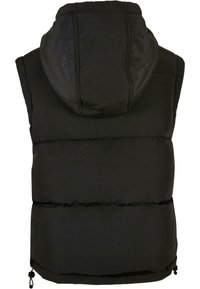 Veste noire matelassée sans manches avec capuche attachée, coutures horizontales et cordons ajustables à l'ourlet visibles de dos.