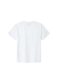 Witte katoenen T-shirt met korte mouwen, ronde halslijn en een subtiele logo op de bovenrug gedrukt. Soepele textuur, klassieke pasvorm.