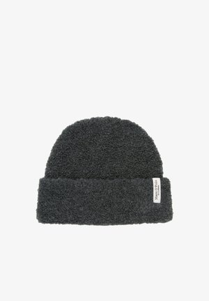 Dark gray beanie hat made of soft, textured fabric with a turned-up cuff and a small brand label on the side.