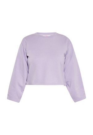 Lilac langærmet cropped sweatshirt med rund halsudskæring og afslappet pasform vist på en hvid baggrund.