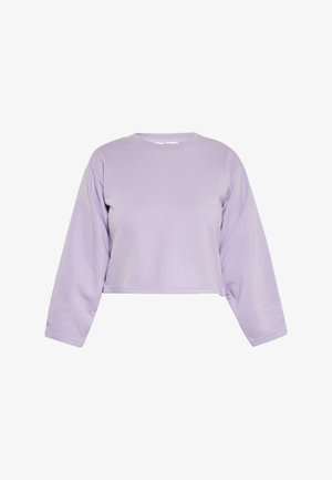 Lilac langærmet cropped sweatshirt med rund halsudskæring og afslappet pasform vist på en hvid baggrund.