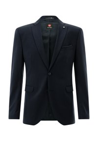 Navy blue blazer made of textured fabric, featuring a single button closure, notched lapels, and a chest pocket. Smooth inner lining.
