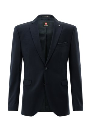 Marineblauer Blazer aus strukturiertem Stoff, mit einem einzelnen Knopfverschluss, aufgeschlagenen Revers und einer Brusttasche. Glattes Innenfutter.