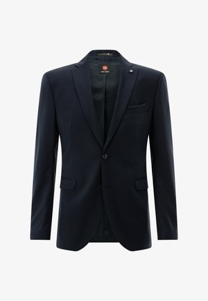 Marineblauer Blazer aus strukturiertem Stoff, mit einem einzelnen Knopfverschluss, aufgeschlagenen Revers und einer Brusttasche. Glattes Innenfutter.