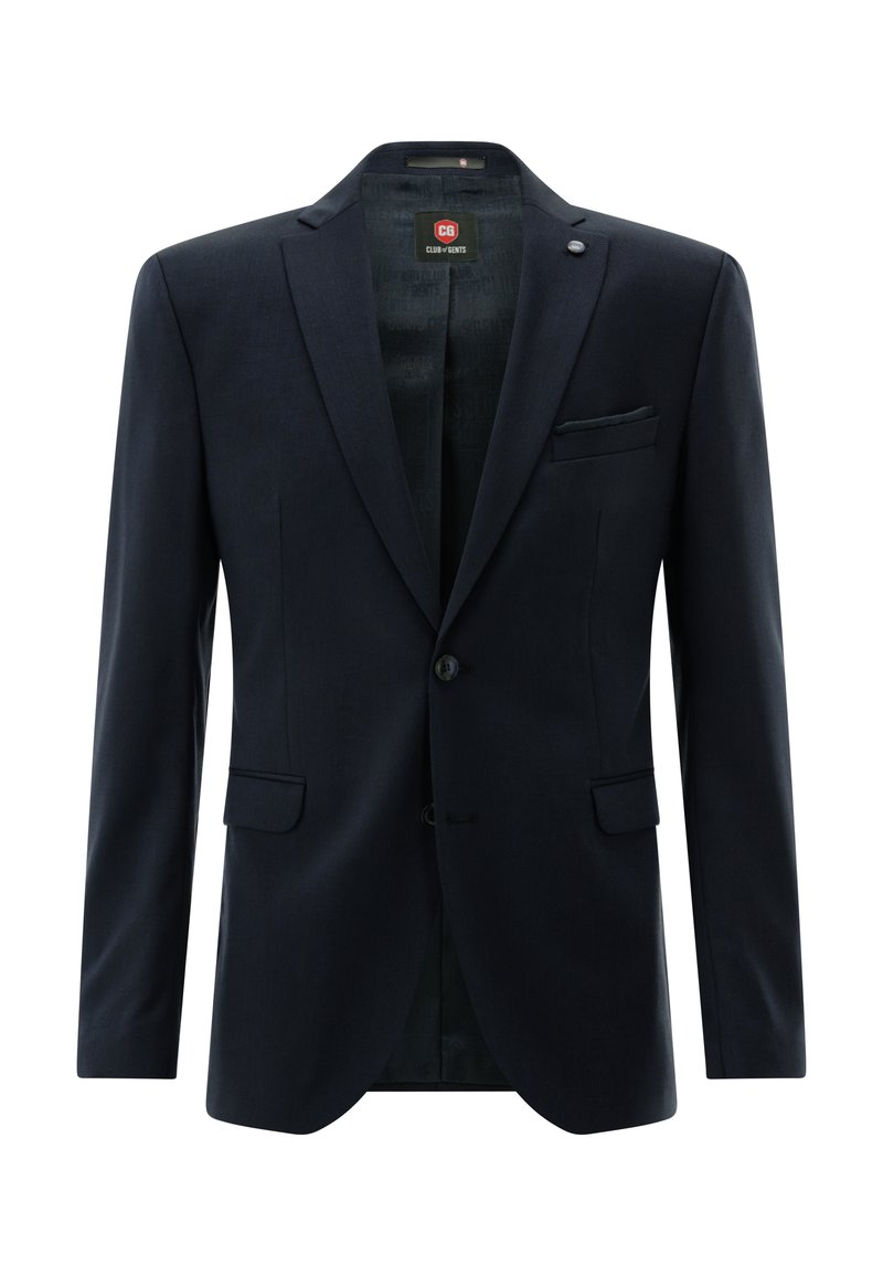 Navy blue blazer made of textured fabric, featuring a single button closure, notched lapels, and a chest pocket. Smooth inner lining.