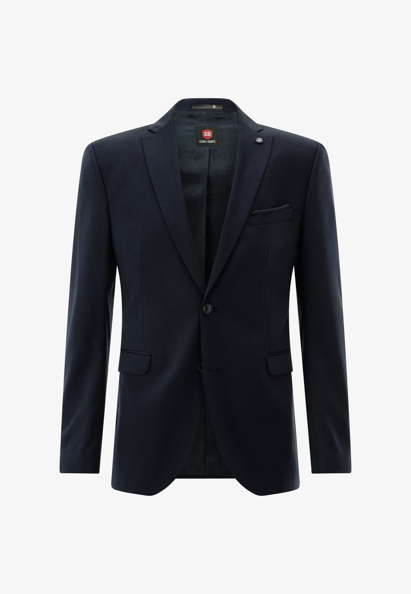 Navy blue blazer made of textured fabric, featuring a single button closure, notched lapels, and a chest pocket. Smooth inner lining.