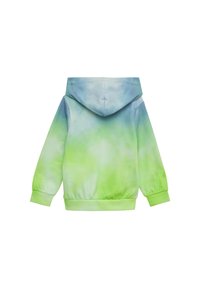 Hoodie met een blauw-groene ombre tie-dye patroon, gemaakt van zachte stof met ribgebreide manchetten en zoom.