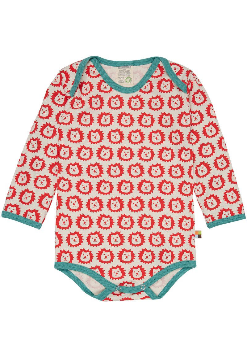 Langärmliger Body in Creme mit einem roten Löwenmuster, türkisfarbenen Akzenten und Druckknöpfen am Boden. Hergestellt aus weichem, atmungsaktivem Stoff.