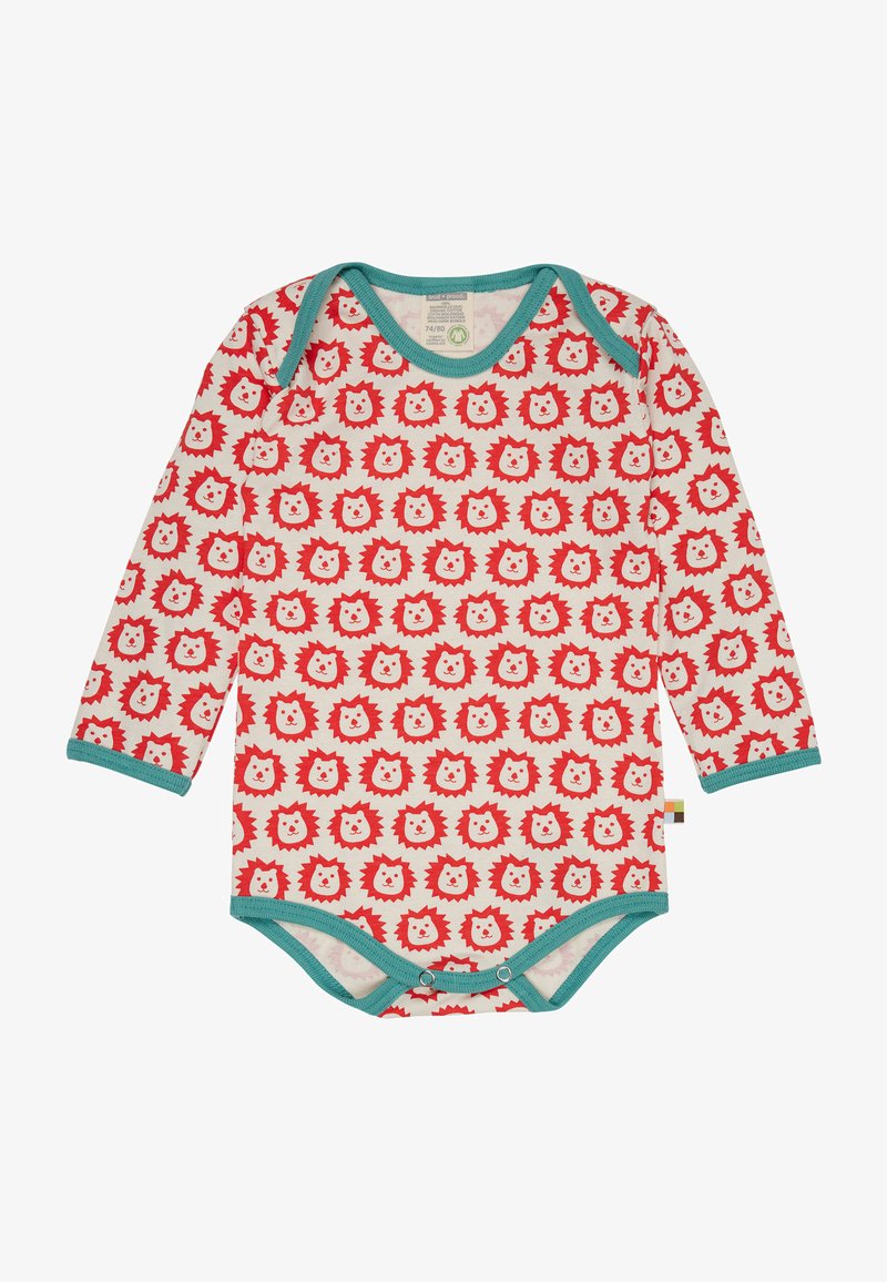 Langärmliger Body in Creme mit einem roten Löwenmuster, türkisfarbenen Akzenten und Druckknöpfen am Boden. Hergestellt aus weichem, atmungsaktivem Stoff.