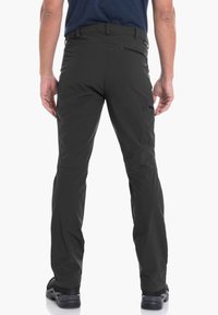 Schwarze, leichte, robuste Outdoor-Hosen mit geradem Schnitt, Reißverschluss-Hintertasche und elastischen Knöchelbündchen für einen sicheren Sitz.