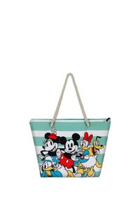 Bolso tote con un patrón a rayas en color menta que presenta a los personajes de dibujos animados Mickey Mouse, Minnie Mouse, Pato Donald, Pata Daisy y Pluto. Asa de cuerda.