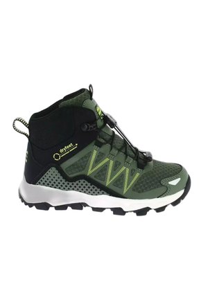 Grüner und schwarzer knöchelhoher Wanderschuh mit profiliertem Profil, Schnell-Schnürsystem und wasserfestem "dryfeet"-Label an der Seite.