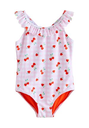 One-piece swimsuit with a light pink gingham pattern, adorned with small red cherries and green leaves. Features a ruffled neckline and orange lining.