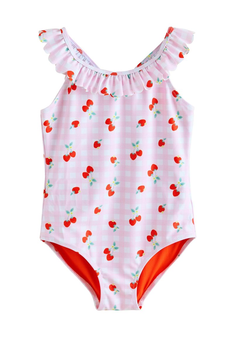 One-piece swimsuit with a light pink gingham pattern, adorned with small red cherries and green leaves. Features a ruffled neckline and orange lining.