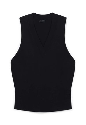 Schwarzes ärmelloses Oberteil mit tiefem V-Ausschnitt, aus einem glatten Stoff gefertigt. Hat eine taillierte Silhouette und ein minimalistisches Design. Keine sichtbaren Muster oder Akzente.
