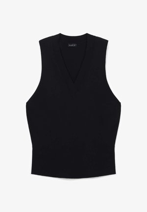 Schwarzes ärmelloses Oberteil mit tiefem V-Ausschnitt, aus einem glatten Stoff gefertigt. Hat eine taillierte Silhouette und ein minimalistisches Design. Keine sichtbaren Muster oder Akzente.