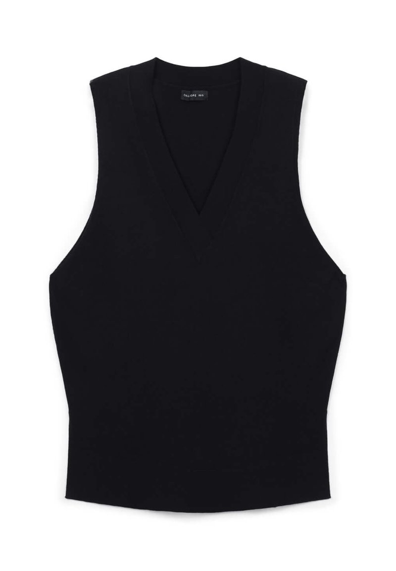 Top nero senza maniche con scollatura profonda a V, realizzato in un tessuto liscio. Presenta una silhouette aderente e un design minimalista. Senza motivi o accenti visibili.