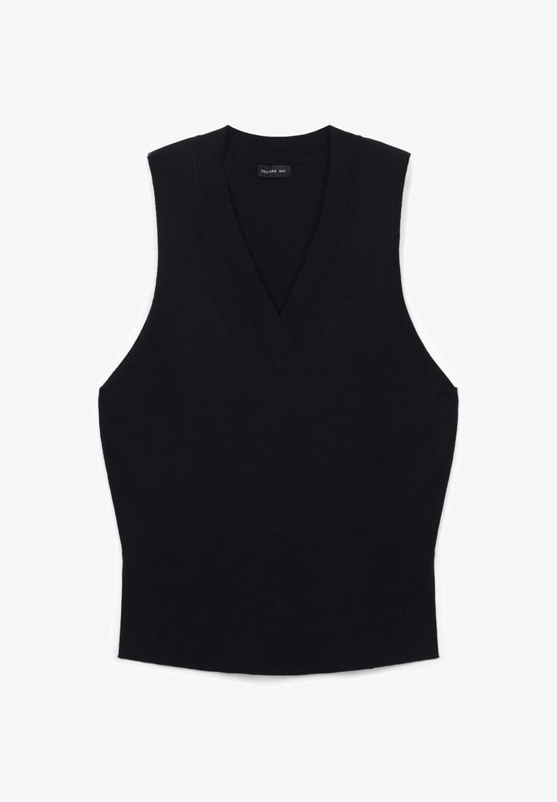Top nero senza maniche con scollatura profonda a V, realizzato in un tessuto liscio. Presenta una silhouette aderente e un design minimalista. Senza motivi o accenti visibili.