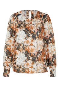 Blouse à manches longues avec poignets élastiques, col rond, fermeture au dos par une goutte d'eau, ornée d'un imprimé floral abstrait en tons marron, blanc, noir et rose.