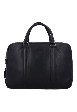 Schwarze Leder-Aktentasche mit doppelten Griffen, silberfarbener Hardware und vertikalen Nahtdetails auf dem Vorderpaneel.