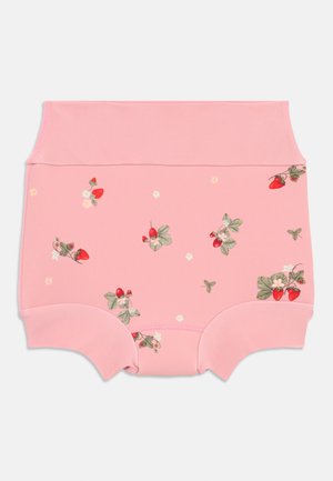 Roosa kõrge vöökohaga aluspüksid, millel on kõikjaline lillemuster koos punaste maasikate ja väikeste valgete lilledega. Sile kangas ja elastne vöökoht.