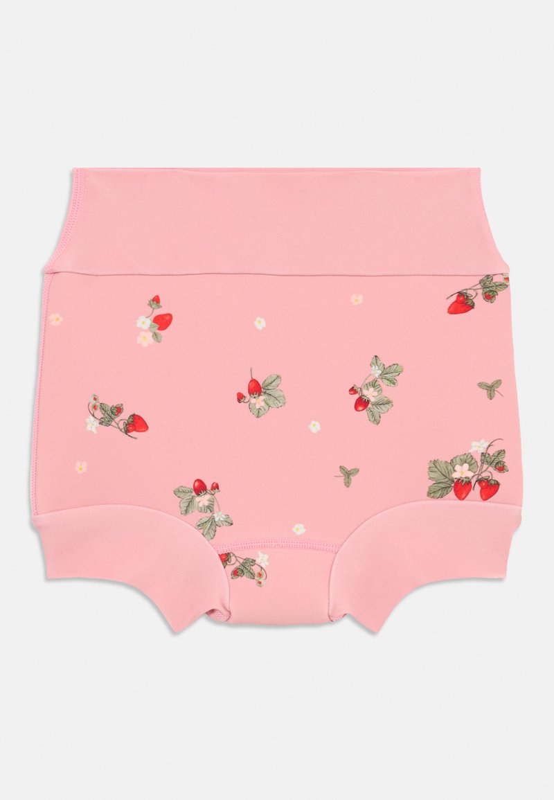 Rosa høytlivsundertøy med et blomsterdesign med røde jordbær og små hvite blomster. Glatt stoff og elastisk midjebånd.