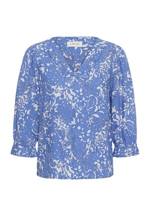 Blauwe blouse met wit bloemenpatroon, driekwart mouwen met ruches en een V-hals met subtiele ruches.