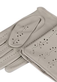 Grijze leren handschoenen met geperforeerde details, met een gladde textuur en een getailleerde vorm. Inclusief een bijpassende leren hoes.