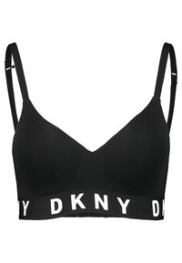 Crni bežični grudnjak od glatkog materijala, s podešivim trakama i širokim pojasom na kojem je bijeli "DKNY" logo za dodatnu podršku.
