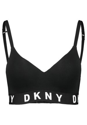 Svart trådløs bh laget av glatt stoff, med justerbare stropper og en bred kant med hvit "DKNY"-logo for ekstra støtte.