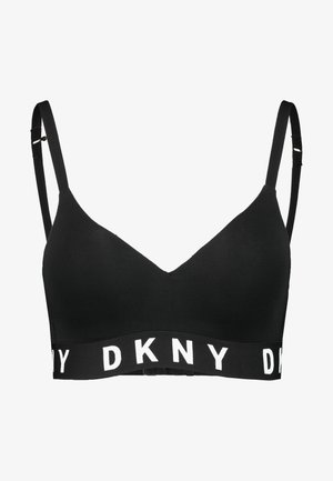 Melnā bezvadu krūšturis, kas izgatavots no gluda auduma, ar regulējamiem siksniņām un platu jostu, uz kuras ir baltā "DKNY" logo papildu atbalstam.