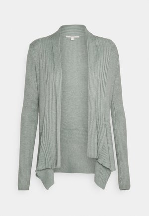 Lysegrå cardigan med ribstrik, åben foran, lange ærmer og draperet asymmetrisk kant.