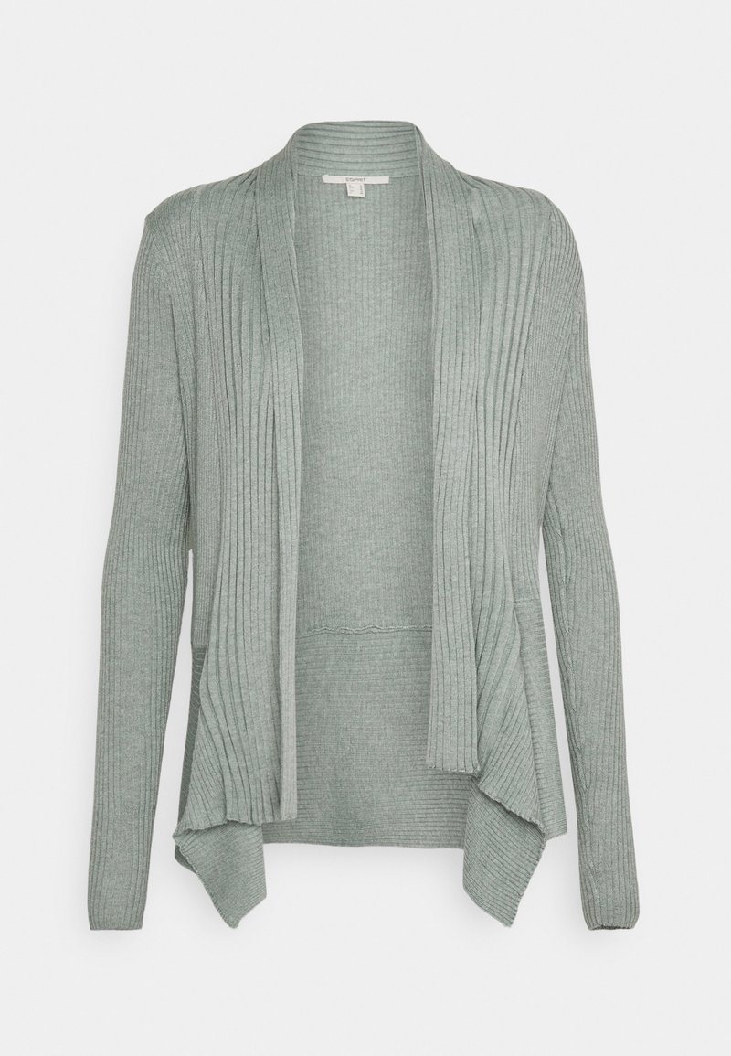 Cardigan gris clair à manches longues, en maille côtelée, à devant ouvert et ourlet asymétrique drapé.