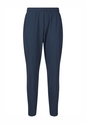 Marineblauwe taps toelopende broek met elastische tailleband en verstelbare trekkoord, ontworpen voor casual of sportieve kleding.