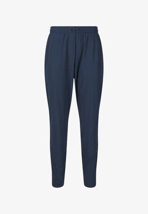 Marineblauwe taps toelopende broek met elastische tailleband en verstelbare trekkoord, ontworpen voor casual of sportieve kleding.