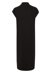 Robe tricotée noire à côtes avec un col haut et des manches courtes, présentant une coupe décontractée et une silhouette droite, atteignant la longueur mi-mollet.