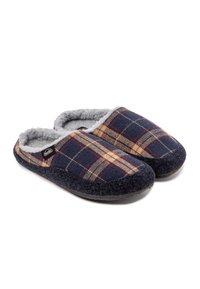 Zapatillas de cuadros en azul marino con un suave forro de peluche gris, fabricadas con una tela que cuenta con una suela acolchada para mayor comodidad y calidez.