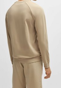 Sweat-shirt beige avec col rond et manches longues, présentant des coutures raglan et des poignets côtelés, fabriqué en tissu doux à la texture lisse.