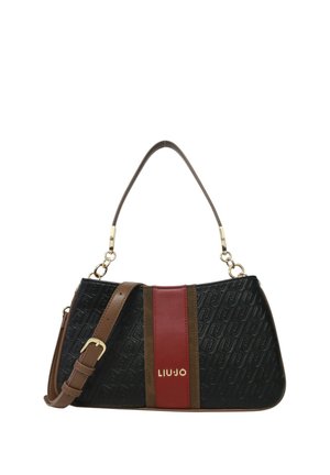 Borsa nera con texture, con tracolla e manico marroni, con una striscia verticale rossa centrale e logo Liu Jo dorato.