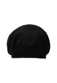 Beret negru tricotat, cu o textură moale, formă rotundă și un bor pătrunzător. Prezintă un design fără cusături, fără hardware vizibil.