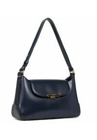 Sacs à main en cuir bleu marine avec une finition lisse, un rabat pliable et des accents en or. Il dispose d'une bandoulière ajustable pour plus de polyvalence.