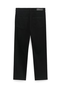Pantaloni in denim neri con design a gamba dritta, dotati di due tasche posteriori e una superficie liscia. Nessun marchio visibile sulla vita.