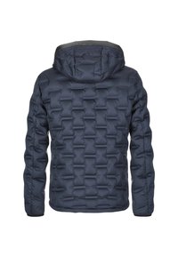Navyblaue Daunenjacke mit gestepptem Muster, verstellbarem Kapuzen, elastischen Bündchen und glatter Textur. Leicht und isoliert im Design.