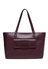 Borsa tote in pelle bordeaux con finitura testurizzata, due manici e un pattina frontale con chiusura decorativa. Struttura robusta.