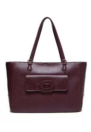 Borsa tote in pelle bordeaux con finitura testurizzata, due manici e un pattina frontale con chiusura decorativa. Struttura robusta.