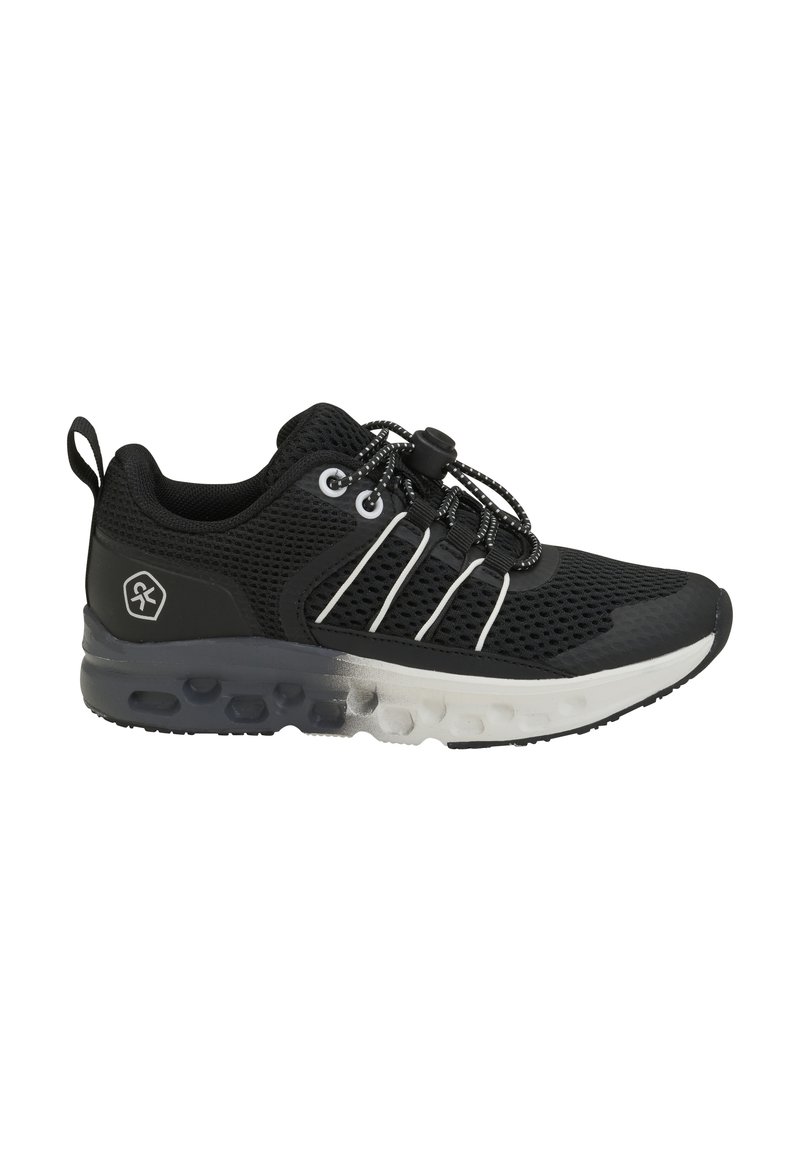 Schwarzer Netz-Sportschuh mit einem weißen Akzentdesign, runder Spitze, gepolsterter Sohle und elastischen Schnürsenkeln mit einem Kordelzug für einen sicheren Halt.