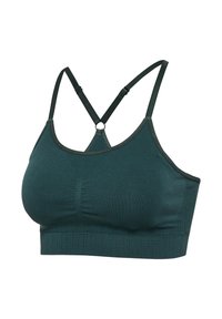 Donkergroene sportbeha met een gestructureerde stof, verstelbare gekruiste bandjes en een ringaccent aan de achterkant. Naadloos ontwerp en brede band.